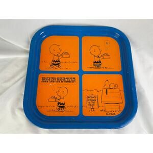 Charlie Brown Snoopy Peanuts Comic Tray Blue Orange Vintage Serving